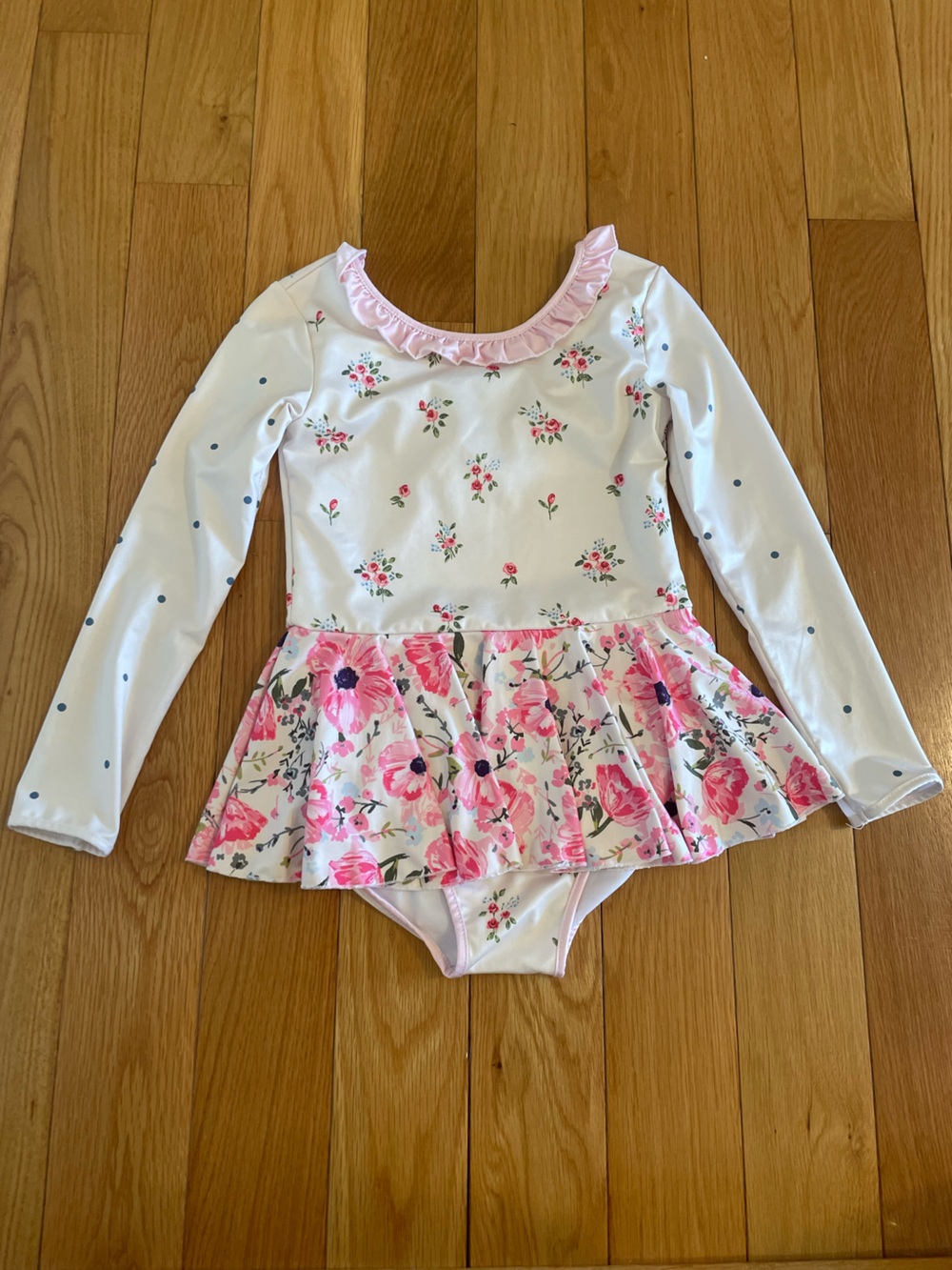 SweetHoney White, Pink and Blue Floral Long-Sleeve Skirted Bodysuit